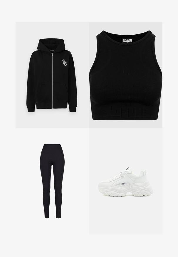 Schwarze Zip-Hoodie aus Baumwollmischung. Verfügt über eine Kängurutasche, gerippte Bündchen und ein kleines grafisches Logo auf der linken Brust.; Schwarzes geripptes Cropped-Top mit rundem Ausschnitt und ärmellosem Design. Hergestellt aus einem dehnbaren, strukturierten Stoff. Etikett mit der Aufschrift "Urban Classics."; Schwarze hochgeschnittene Leggings aus dehnbarem Material, mit glatter Textur und figurbetontem Design, ohne sichtbare Nähte oder Muster.; Weiße klobige Sneakers mit einem glatten Lederobermaterial, abgerundetem Zehenbereich und dicker, strukturiertem Sohle mit einem sichtbaren Logo der Marke an der Seite.
