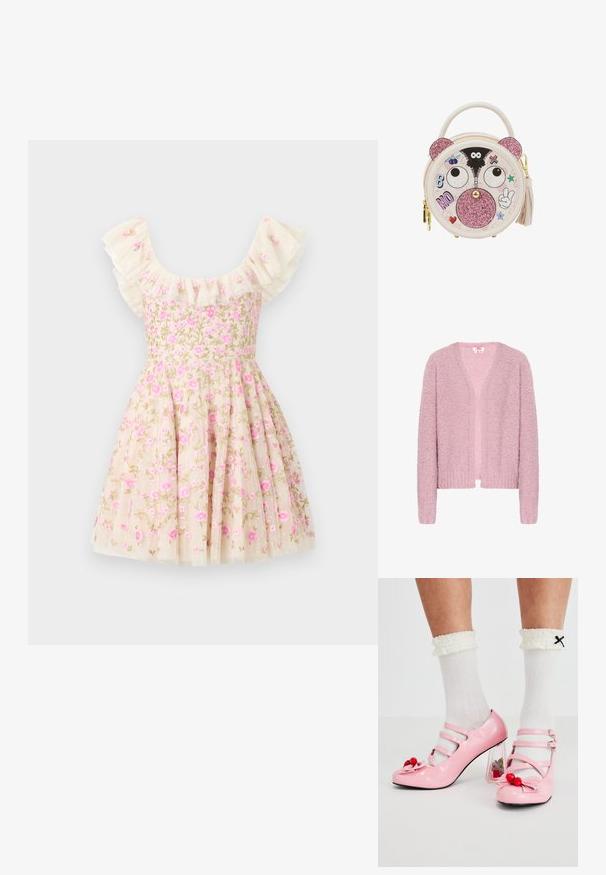 Lyserød cardigan lavet af struktureret, fluffy garn. Har en V-hals, åben front, lange ærmer og ribsøm i kantene.; Blomstret broderet kjole i creme, med flæser på ærmerne, lyserøde blomster og en flagrende nederdel. Fremstillet af et letvægtsstof.; Lyserøde laklæderhæle med rund tå, tre remme og kirsebærpynt. Klart blokhæl med blomsterdekorationer. Hvide ribbede sokker.; Rund beige håndtaske med glitrende lyserøde bjørneører og næse, tegneserieøjne, lynlåsdeltalje og farverige patches inklusive et hjerte og fredstegn.