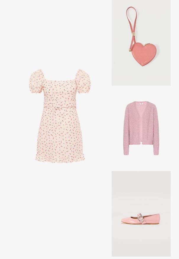 Lyserød cardigan lavet af struktureret, fluffy garn. Har en V-hals, åben front, lange ærmer og ribsøm i kantene.; Lyserød kort kjole med pufærmer, blomsterprint, firkantet halsudskæring, bælte i taljen og flæsekant.; Lyserøde patentlæder balletflade sko med firkantet tå, spænde detalje og flad gummisål. Glat tekstur hele vejen igennem.; Lyserød hjerteformet lædermøntpose med håndledsrem og guldlås, mærket med lille gyldent "Furla"-tekst.