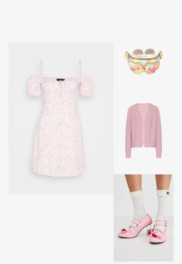Lichtroze cardigan gemaakt van textuur, pluizig garen. Heeft een V-hals, open voorkant, lange mouwen en geribde zoom en manchetten.; Even&Odd by Zalando Jurk - off-white/pink; Roze gepatineerde leren hakken met een ronde neus, drie bandjes en kersenversieringen. Heldere blokhak met florale accenten. Witte geribbelde sokken.; Kleine pastel tie-dye heuptasje met roze vlindervormige zakken, parel- en edelsteenaccenten en twee glinsterende roze ronde oren bovenop.