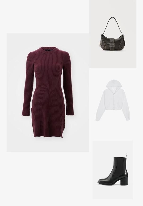 Witte cropped hoodie met een ritssluiting aan de voorkant, lange mouwen, zijzakken en een capuchon. Gemaakt van zachte stof met een gladde textuur.; Bordeaux langwerpige ribgebreide jurk met hoge hals, voorzien van verticale streep patronen en een licht getailleerde pasvorm.; Zwarte leren enkelboot met elastische zijkanten, ronde neus en blokhak. Gladde textuur met minimale stiknaaddetails.; Zwarte leren schoudertas met gespsluiting aan de riem, afgeronde hoeken en contrasterende witte stiksels op een effen achtergrond.