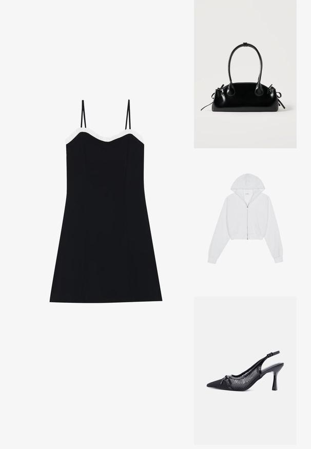 Witte cropped hoodie met een ritssluiting aan de voorkant, lange mouwen, zijzakken en een capuchon. Gemaakt van zachte stof met een gladde textuur.; Zwarte jurk met dunne bandjes, aansluitende lijfje en uitlopende zoom. Witte gerimpelde rand langs de halslijn. Soepele, lichte stof.; Zwarte slingback hoge hak met een puntige neus, een honingraatpatroon van gaas en een klein sierstrikje aan de voorkant.; Kleine zwarte glanzende handtas met twee lange hengsels en zijkant trekkoord details op een effen lichte achtergrond.