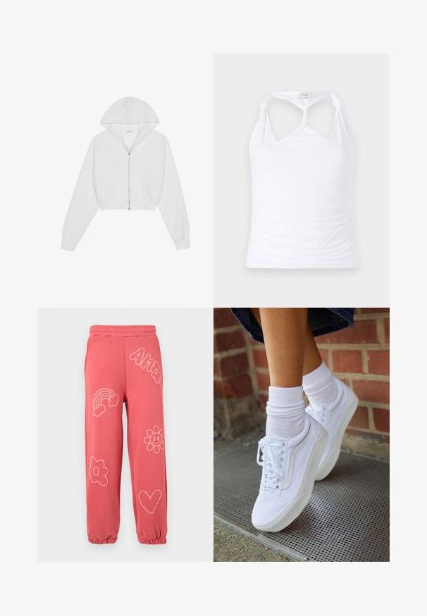 Witte cropped hoodie met een ritssluiting aan de voorkant, lange mouwen, zijzakken en een capuchon. Gemaakt van zachte stof met een gladde textuur.; Witte mouwloze top met een geknoopt ontwerp bij de hals, voorzien van geplooide structuur aan de zijkanten. Gemaakt van rekbaar materiaal.; Koraalroze joggingbroek met elastische tailleband en boorden, versierd met lichtroze contouren van een regenboog, bloemen, een hart en het woord "Amor".; Witte canvas sneakers met rubberen zolen, voorzien van zes vetertjes, een ronde neus en lichte stikdetails, gecombineerd met witte enkelsokken.