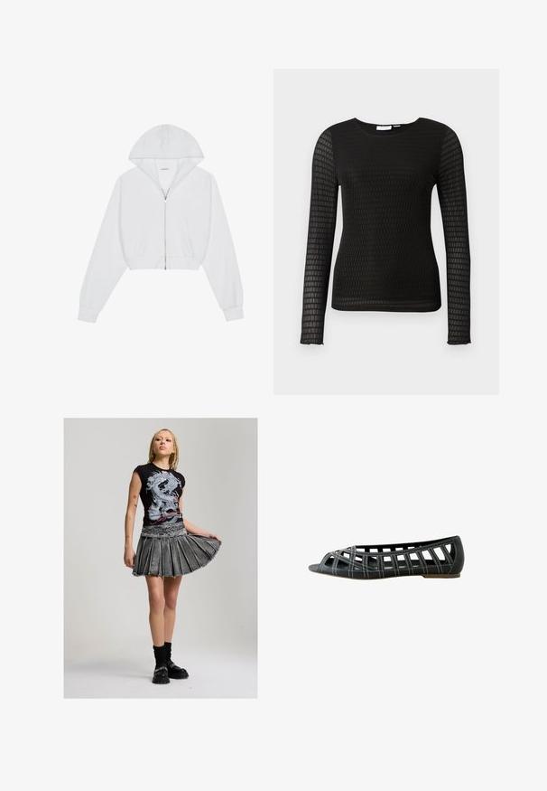 Witte cropped hoodie met een ritssluiting aan de voorkant, lange mouwen, zijzakken en een capuchon. Gemaakt van zachte stof met een gladde textuur.; Zwarte lange mouwen top van textuurstof met een ruitpatroon. Kenmerkt zich door een ronde halslijn en een getailleerde silhoeet.; Jongere met gevlochten haar draagt een zwart topje met draakprint, een geplooide grijze spijkerrok, zwarte sokken en dikke zwarte schoenen, poserend met de rok vastgehouden.; Zwarte platte sandaal met open teen en geometrisch uitgesneden ontwerp met witte stikaccenten en een lage hak.