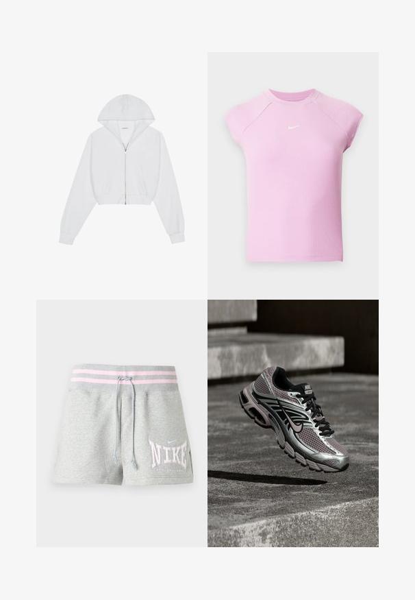 Witte cropped hoodie met een ritssluiting aan de voorkant, lange mouwen, zijzakken en een capuchon. Gemaakt van zachte stof met een gladde textuur.; Lichtroze geribd sportief T-shirt met korte mouwen, een ronde hals en een klein wit Nike-swooshlogo in het midden van de borst.; Lichtgrijze Nike sportshorts met roze gestreepte tailleband, trekkoord, zijzakken en wit-roze Nike-logo op het linkerbeen.; Nike Air Max hardloopschoen met zilver-, zwart- en paarse mesh, afgebeeld zwevend boven een betonnen oppervlak en traptreden.