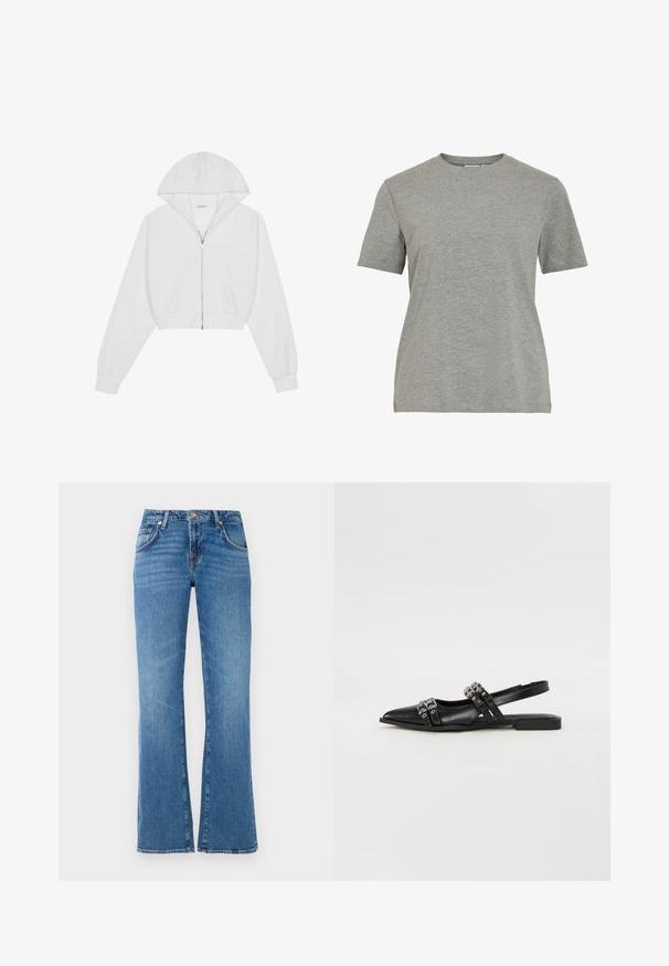 Witte cropped hoodie met een ritssluiting aan de voorkant, lange mouwen, zijzakken en een capuchon. Gemaakt van zachte stof met een gladde textuur.; Grijs katoenen T-shirt met een klassieke ronde hals, korte mouwen en een gladde textuur, geschikt voor casual dragen.; Lichtblauwe denim jeans met een flared leg ontwerp, voorzien van vijf zakken, een knoop- en ritssluiting, en subtiele whiskering patronen.; Even&Odd Slingback ballerina´s - black