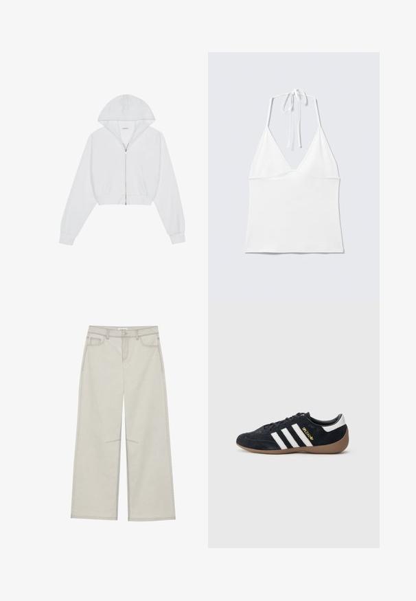 Witte cropped hoodie met een ritssluiting aan de voorkant, lange mouwen, zijzakken en een capuchon. Gemaakt van zachte stof met een gladde textuur.; Wit halternek mouwloos topje met driehoekige cups en dunne bandjes die aan de nek zijn gestrikt, op een effen lichte achtergrond.; Lichtgrijze wijde broek met vijf zakken, sluiting met een knoop aan de voorkant en contrasterende stiksels langs de naden. De stof lijkt zacht en duurzaam te zijn.; Zwarte suède sneaker met drie witte strepen, een rubberen gumzool en een klein gouden logo aan de zijkant. Heeft een gladde zwarte binnenvoering.
