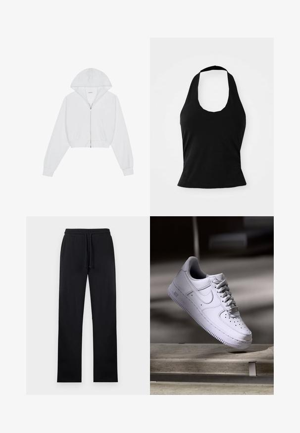 Witte cropped hoodie met een ritssluiting aan de voorkant, lange mouwen, zijzakken en een capuchon. Gemaakt van zachte stof met een gladde textuur.; Zwarte haltertop gemaakt van zacht materiaal, met een ronde hals en een getailleerde pasvorm, voorzien van een gladde textuur en zonder zichtbare patronen.; Zwarte sweatpants met rechte pijpen, elastische tailleband en vooraan een trekkoord, plat uitgestald op een lichte achtergrond.; Witte Nike Air Force 1 sneaker die zweeft boven een betonnen oppervlak met schaduwen in een minimalistische setting.