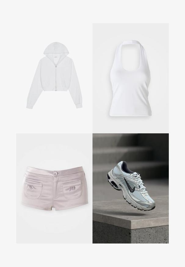 Witte cropped hoodie met een ritssluiting aan de voorkant, lange mouwen, zijzakken en een capuchon. Gemaakt van zachte stof met een gladde textuur.; Witte haltertop met een ronde halslijn, gemaakt van een gladde, rekbare stof. Heeft een minimalistisch ontwerp zonder versieringen of patronen.; Lichtpaarse shorts van gladde, glanzende stof, met twee achterzakken en een sluiting met knoop aan de voorkant, voorzien van een platte tailleband.; Witte en grijze Nike hardloopschoen met zwart logo zwevend boven een betonnen richel tegen een wazige grijze achtergrond.