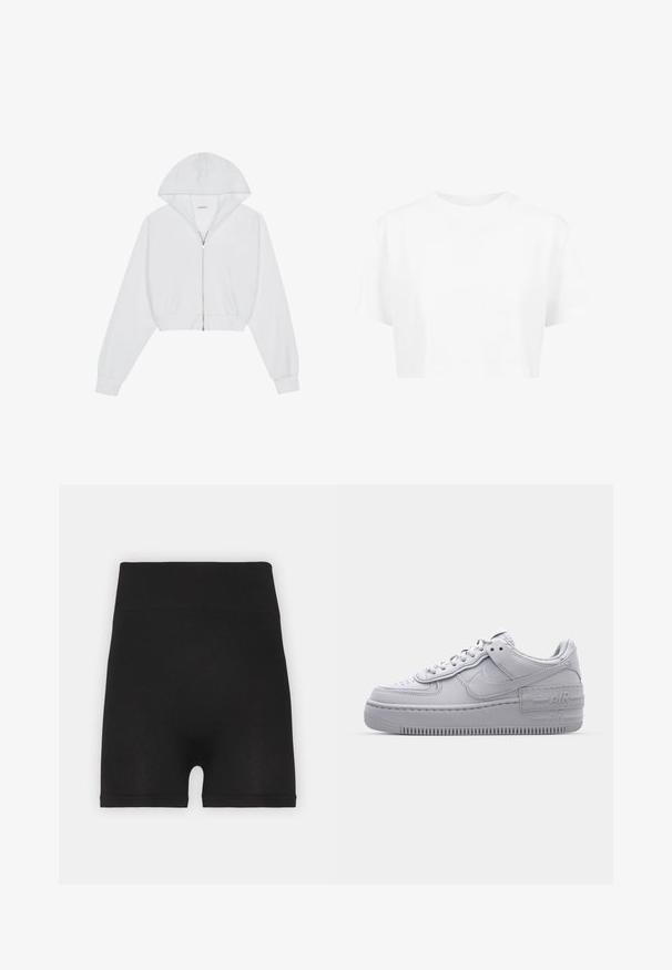 Witte cropped hoodie met een ritssluiting aan de voorkant, lange mouwen, zijzakken en een capuchon. Gemaakt van zachte stof met een gladde textuur.; Witte cropped t-shirt, korte mouwen, ronde halslijn, gemaakt van gladde stof, zonder zichtbare patronen of opvallende hardware.; Zwarte geribde fietsbroek met een hoge tailleband en een zachte textuur, met een gladde afwerking en geen zichtbare naden.; Grijze Nike Air Force 1 sneaker met geperforeerde neus, glad leren bovenwerk, dikke zool en verhoogde 'AIR' details op de hiel.