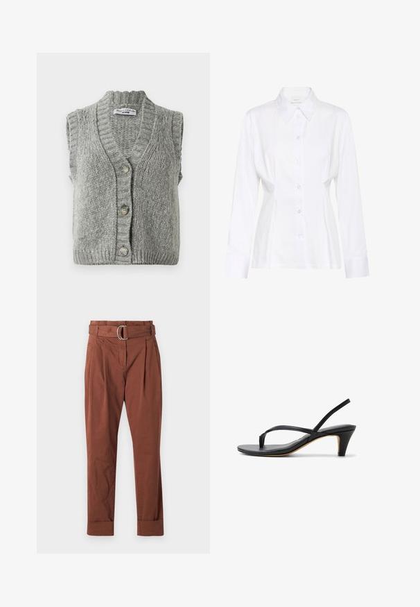 Chaleco de punto gris sin mangas con botones, con cuello y dobladillo acanalados, dispuesto plano mostrando el frente con tres botones.; Blusa blanca de manga larga con botones, cuello puntiagudo, cintura ajustada y etiqueta visible de la marca "Gestuz" en el interior del cuello.; Pantalones de algodón marrones con un cinturón, que presenta una hebilla de metal, pliegues en la parte frontal y puños remangados. Textura suave y diseño de pierna recta.; Sandalia slingback de cuero negro con tacón bajo tipo kitten y tira en forma de T en el dedo, diseño minimalista sobre fondo blanco.