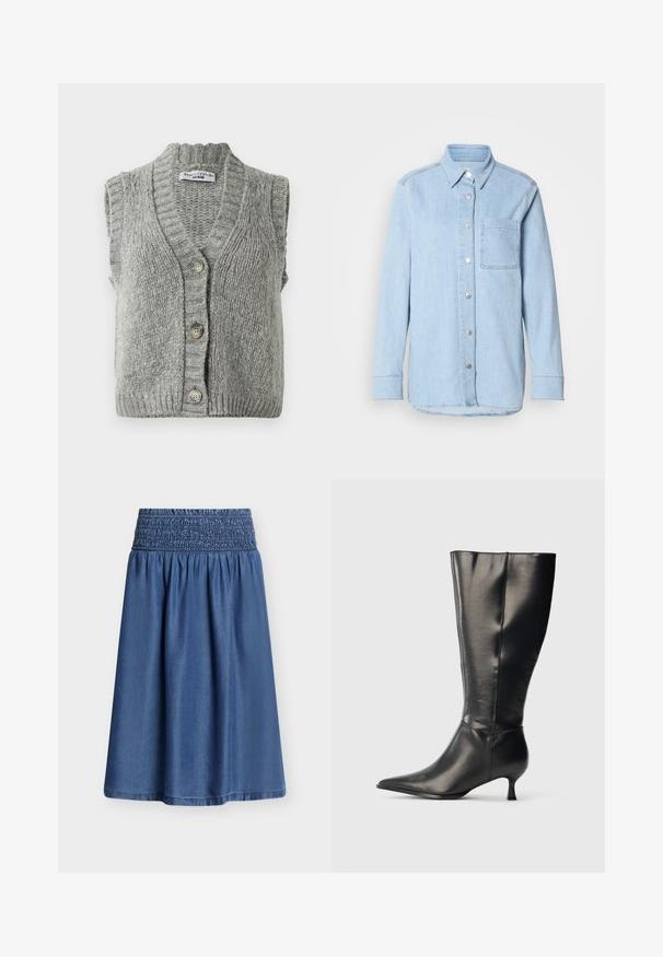 Grijze gebreide mouwloze knopenvest met ribbelkraag en -zoom, plat gelegd zodat de voorkant met drie knopen zichtbaar is.; Lichtblauwe denim shirt met een knoopsluiting aan de voorkant, puntige kraag, één borstzak en lange mouwen met knoopmanchetten.; Blauwe denim midirok met een brede, geplooide elastische tailleband en zachte plooien onder de taille, weergegeven op een witte achtergrond.; Zwarte leren kniehoge laars met puntige neus en lage kittenhak, weergegeven op een effen lichte achtergrond.
