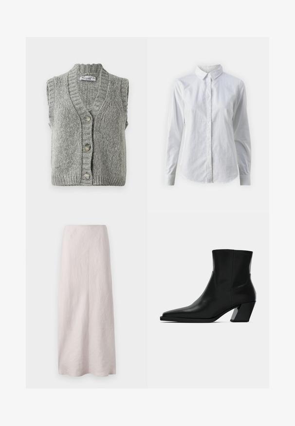 Grå strikket ærmeløs cardigan vest med knapper og ribbet krave og kant, liggende fladt og viser forsiden med tre knapper.; Hvid skjorte med knapper lavet af glat bomuld, der har en klassisk krave, lange ærmer og en buet kant. Knapperne er små og hvide.; Lys pink maxi nederdel i linned med et rent, lige design. Stoffet har en let struktureret overflade og en elastisk talje.; Sortlæder ankelstøvle med spids tå, en slank silhuet og en kraftig firkantet hæl. Glat tekstur med minimale stikninger.