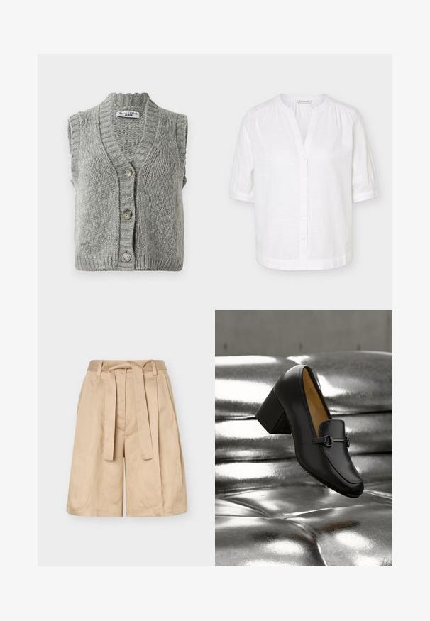 Chaleco de punto gris sin mangas con botones, con cuello y dobladillo acanalados, dispuesto plano mostrando el frente con tres botones.; Blusa blanca de manga corta con cuello mandarín, cierre frontal de botones y ligeros fruncidos en los hombros y puños.; Pantalones cortos de talle alto en color beige con trabillas para cinturón, cinturón de tela para atar y perneras anchas, mostrados sobre un fondo liso.; Mocasín de cuero negro con tacón alto, punta redondeada, tira decorativa y pequeño detalle metálico. Textura lisa y diseño elegante.