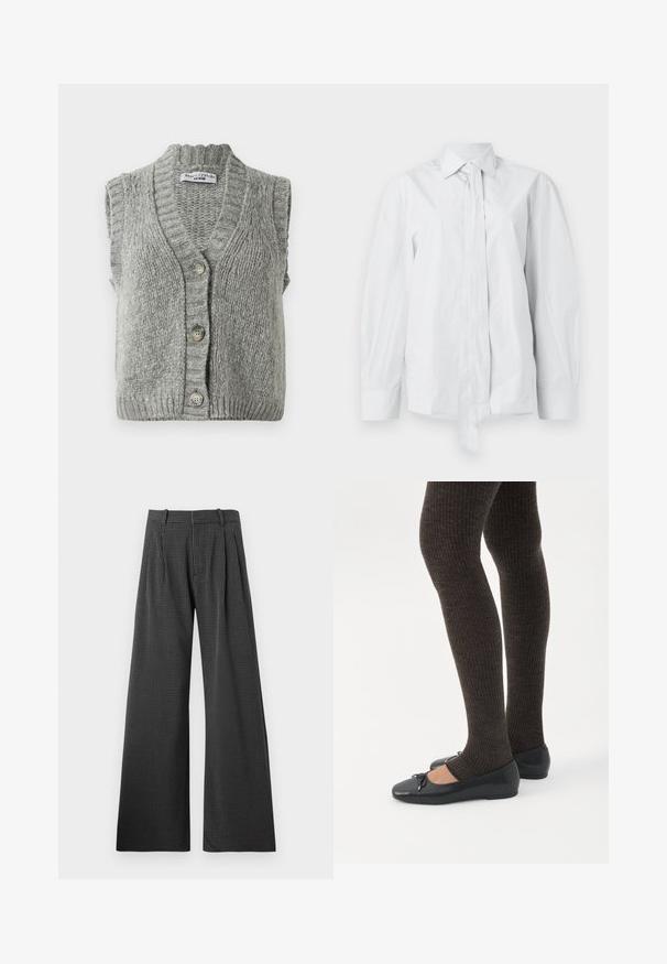 Chaleco de punto gris sin mangas con botones, con cuello y dobladillo acanalados, dispuesto plano mostrando el frente con tres botones.; Camisa blanca de manga larga con un cuello clásico y un lazo alargado en la parte delantera. Hecha de una tela suave, presenta un corte relajado y sin estampados.; Pantalones de pierna ancha en blanco y negro con estampado de pied de poule y pliegues delanteros. Fabricados con una tela texturada, presentan una cintura ajustada y bolsillos.; Piernas con leggings oscuros acanalados combinados con bailarinas negras que presentan pequeños detalles de lazo sobre un fondo blanco.