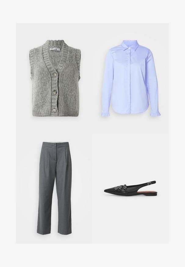 Grå strikket ærmeløs cardigan vest med knapper og ribbet krave og kant, liggende fladt og viser forsiden med tre knapper.; Lyseblå skjorte med knapper i glat stof, der har klassisk krave og flæse-detaljer ved ærmeenderne.; Grå skræddersyede bukser med lige ben, der har en glat tekstur, frontfoldninger og sidelommer. Ingen synlig hardware eller detaljer.; Sort læderslyngeflad sko med spids tå, der har to vandrette stropper og firkantede sølvspænder, lav hæl og glat tekstur.