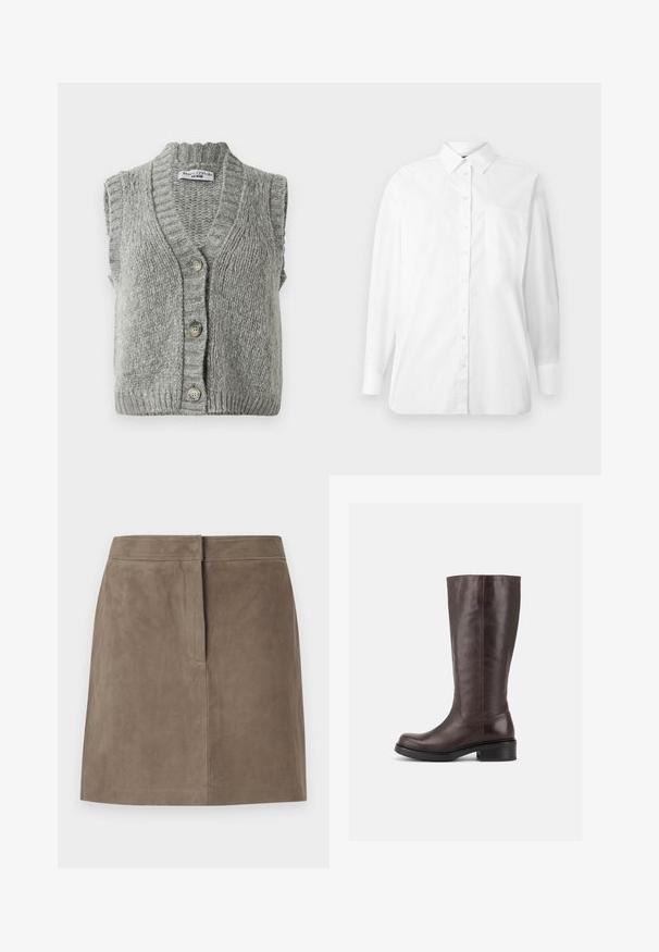 Chaleco de punto gris sin mangas con botones, con cuello y dobladillo acanalados, dispuesto plano mostrando el frente con tres botones.; Camisa blanca de manga larga con botones, cuello y un bolsillo en el pecho, exhibida sobre un fondo blanco liso.; Falda de ante en color topo, de longitud a la rodilla y ajuste recto, con detalle de costura frontal oculta sobre un fondo liso.; Bota alta de piel marrón oscuro con tacón bloque bajo y puntera redondeada, mostrada de lado sobre un fondo blanco liso.