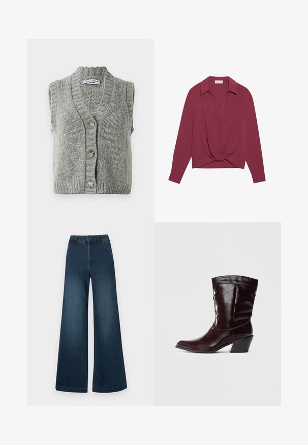 Chaleco de punto gris sin mangas con botones, con cuello y dobladillo acanalados, dispuesto plano mostrando el frente con tres botones.; Camisa de manga larga granate con cuello, escote en V y detalle de nudo retorcido en la parte delantera. Textura suave y corte relajado.; Jeans de mezclilla de talle alto y pierna ancha en azul oscuro, con bolsillos frontales y trabillas para cinturón, sobre un fondo blanco.; Botines de cuero burdeos con punta afilada, superficie texturizada y tacón bajo cónico. Presentan costuras sutiles y un ajuste ceñido.