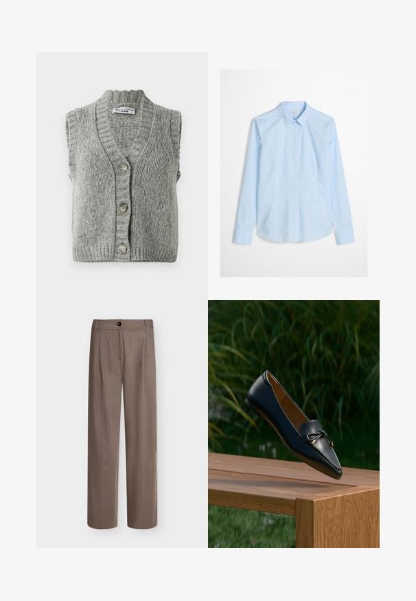 Grå strikket ærmeløs cardigan vest med knapper og ribbet krave og kant, liggende fladt og viser forsiden med tre knapper.; Lyseblå skjorte med knapper og lange ærmer, klassisk krave og et subtilt logo broderet på brystet. Glat, skarpt stoftekstur.; Brune bukser med lige ben med knap- og lynlåslukning, bæltestropper og sidelommer på en ensfarvet baggrund.; Sort læderloafer med detaljeret sløjfe, der svæver over en træbænk med grøn græs og planter i baggrunden.