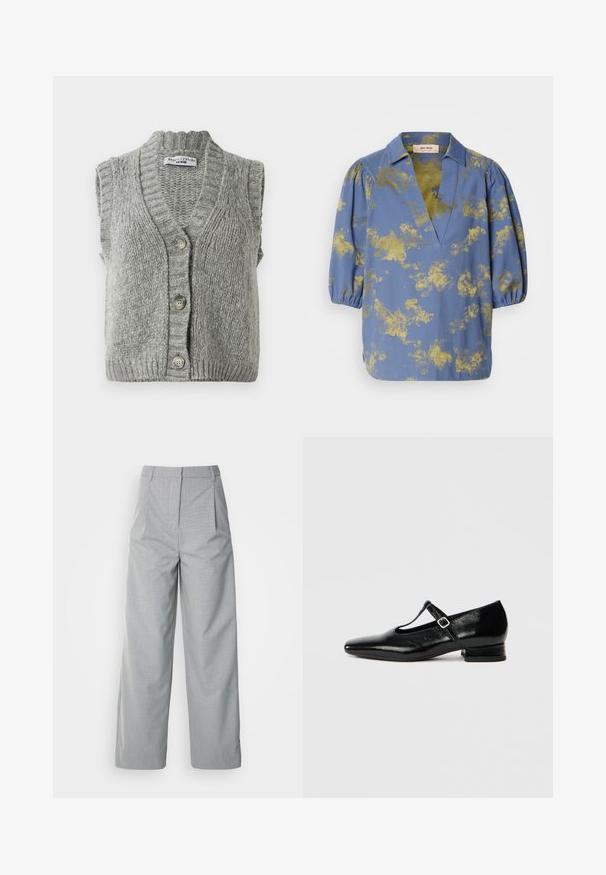 Grå strikket ærmeløs cardigan vest med knapper og ribbet krave og kant, liggende fladt og viser forsiden med tre knapper.; Blå bluse med guld abstrakt mønster, krave og puffede ærmer. Fremstillet af glat stof med en afslappet pasform og V-hals design.; Grå bredebukser lavet af tekstureret stof, med høj talje, læg foran og en lige pasform ned til kanten.; Sorte Mary Jane-sko i læder med spids tå, lille blokhæl og justerbar rem med sølvspænde. Glat, blank tekstur.