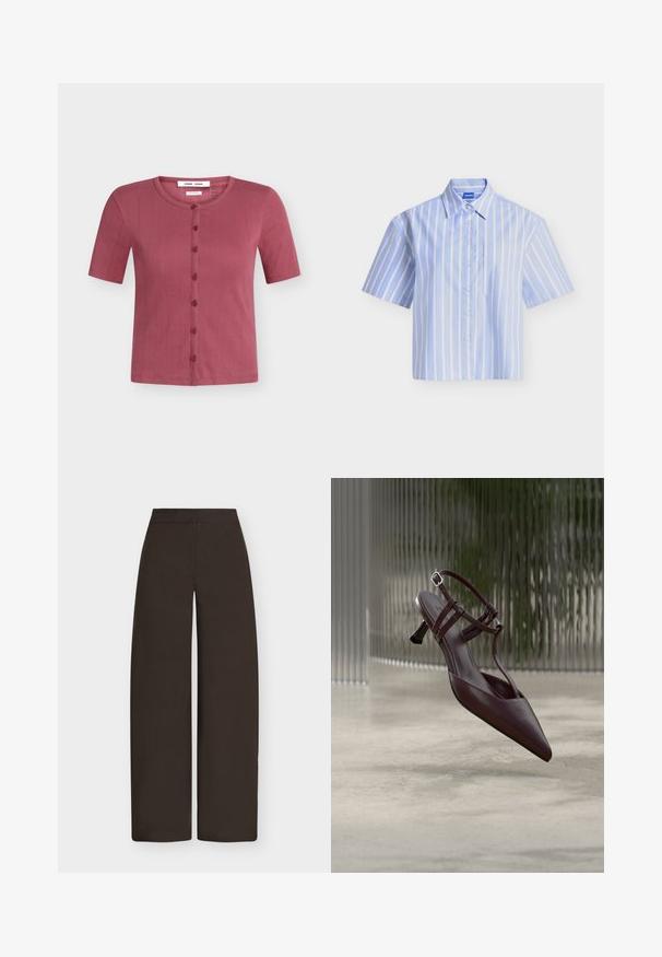 Cardigan à manches courtes, boutonné devant, couleur rose poudré avec un col rond et de fines rayures verticales texturées.; Chemise bleu clair à manches courtes avec rayures verticales blanches et poche poitrine, présentée à plat sur fond blanc.; Pantalon marron à jambes larges, taille haute et devant épuré, présenté sur un fond gris clair.; Escarpin slingback en cuir brun foncé à bout pointu, avec des fines lanières et un petit talon kitten incurvé, présenté sur un fond abstrait.