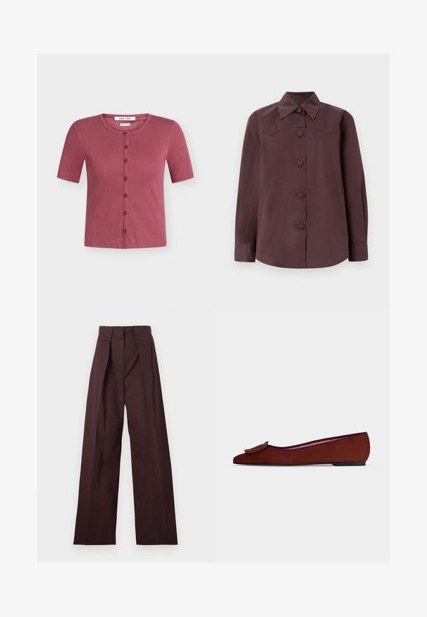 Cardigan à manches courtes, boutonné devant, couleur rose poudré avec un col rond et de fines rayures verticales texturées.; Veste-chemise à manches longues brun foncé avec col pointu et cinq boutons recouverts sur le devant, sur un fond clair.; Pantalon taille haute marron foncé ajusté avec jambes larges et plis avant, présenté à plat sur un fond clair.; Chaussure plate en daim marron pour femme avec bout pointu et grande boucle décorative sur le dessus sur fond uni.