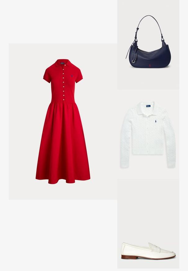 Valge soonikkoes pikkade varrukatega nööbitav kardigan kraega ja vasakul rinnal väike tumesinine Polo Ralph Laureni logo.; Punane lühikeste varrukatega kleit krae, eest nööbitav, istuva vöökohaga ja lehvikseelikuga, rinnal väike sinine logo.; Valged nahast loafers, millel on tekstureeritud viimistlus, ümar nina ja kudumise aktsent. Madal puidust konts ja minimalistlik disain.; Tumesinise nahast hobo-kott kõveriku kujuga, tekstureeritud viimistlusega, reguleeritava õlarihmaga ja ühelt poolt väikese punase logoga.