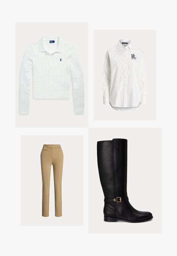 Biely pletený kardigán s dlhým rukávom, zapínaný na gombíky, s golierom a malým tmavomodrým logom Polo Ralph Lauren na ľavej strane hrude.; Biela košeľa s dlhým rukávom na gombíky, so špicatým golierom a čiernym vyšitým logom na ľavej strane hrude.; Béžové oblekové nohavice s hladkou textúrou, vysokým pásom, dvoma dekoratívnymi gombíkmi a jednou zadnou vreckom. Strih na rovné nohy.; Čierna kožená čižma po kolená s nízkym podpätkom, zlatou prackou a malým reliéfovým logom na bočnom remienku.