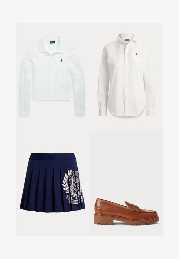 Hvit kabelstrikket cardigan med lang arm, knapper, krage og liten marineblå Polo Ralph Lauren-logo på venstre bryst.; Hvit langermet skjorte med knapper, krage og liten blå logo av en polospiller på venstre bryst.; Marineblå plissett nederdel med bred midjebånd og hvitt tennistema våpenskjoldlogo nederst på høyre side.; Brune lærloafers med en moccasin-tådesign, synlig søm og en chunky, teksturert gummisåle. Gullfarget beskrivelse.