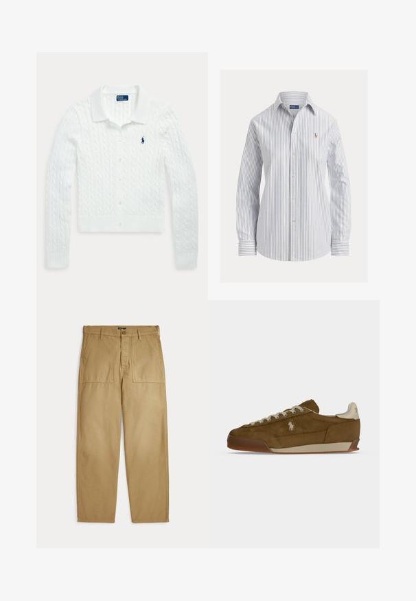 Hvit kabelstrikket cardigan med lang arm, knapper, krage og liten marineblå Polo Ralph Lauren-logo på venstre bryst.; Hvitt skjorte med tynne, vertikale blå striper, lange ermer, spiss krage og liten brodert logo på brystet.; Beige bukser med rette ben, frontlommer, beltestropper og knapp- og glidelåslukking.; Brun semsket joggesko med kremfargede lisser, tykk såle og en liten hvit brodert logo på siden.