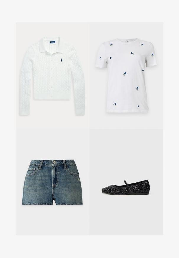 Weißer, langärmeliger Strick-Cardigan mit Knöpfen, Kragen und kleinem dunkelblauem Polo Ralph Lauren Logo auf der linken Brust.; Weißes T-Shirt mit kurzen Ärmeln, verziert mit kleinen, verstreuten blauen Blumenstickereien und grünen Stielen, Rundhalsausschnitt, schlichter Hintergrund.; Blaue Jeansshorts mit Frontknopf, Gürtelschlaufen und Vorder- sowie Gesäßtaschen auf einfachem hellem Hintergrund.; Schwarze flache Schuhe mit einer spitzen Zehe, die ein Obermaterial mit Paillettenverzierung, einen schwarzen Riemen über dem Spann und einen niedrigen Absatz aufweisen.