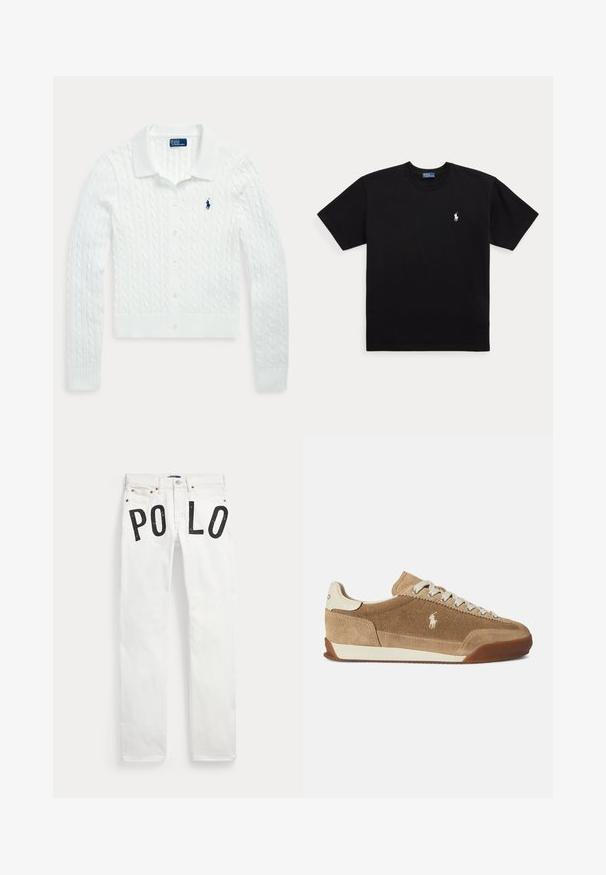 Valge soonikkoes pikkade varrukatega nööbitav kardigan kraega ja vasakul rinnal väike tumesinine Polo Ralph Laureni logo.; Must must lühikeste varrukatega ümara kaelusega T-särk, millel on vasakul rinnal väike valge brodeeritud Polo Ralph Laureni logo.; Valged teksapüksid ees taskutega ja mustade tähtedega, mis moodustavad sõna "PO LO" mõlema jala ülemise reie piirkonnas.; Hernedamadest madala profiiliga sandaalid, kreemika varjundiga detailid, paelaga kinnitatavad ja kummist tallaga. Küljel on väike logo.