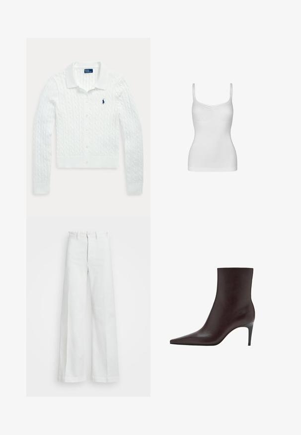 Weißer, langärmeliger Strick-Cardigan mit Knöpfen, Kragen und kleinem dunkelblauem Polo Ralph Lauren Logo auf der linken Brust.; Weißes nahtloses Damen-Top mit dünnen Trägern und leichter Raffung an der Brust, dargestellt vor einem schlichten weißen Hintergrund.; Weite, weiße Hosen aus Denim mit hoher Taille, Knopfverschluss und verdecktem Reißverschluss. Glatte Textur ohne sichtbare Muster.; Braune Lederstiefelette mit spitzem Zeh, schlankem Schaft und dünnem, hohem Absatz. Glatte Textur, minimalistisches Design, keine sichtbaren Beschläge.