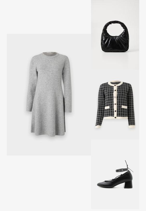 Zwart-wit geblokte cardigan met een ronde halslijn, zwarte knopen aan de voorkant en twee voorzakken. Ribgebreide manchetten en zoom.; Grijze langslavend dress van zachte stof; heeft een ronde halslijn en een ontspannen pasvorm, die iets uitloopt aan de zoom met zijsplitten.; Zwarte leren schoen met middelhoog hakje, puntige neus, gekruiste riempjes en een wikkelriem rond de enkel op een witte achtergrond.; Zwarte gevoerde handtas met een ronde handgreep, met een gladde, glanzende oppervlakte en een zachte, gewatteerde textuur. Geen zichtbare metalen onderdelen of accenten.