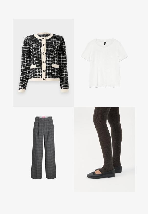 Zwart-wit geblokte cardigan met een ronde halslijn, zwarte knopen aan de voorkant en twee voorzakken. Ribgebreide manchetten en zoom.; Witte t-shirt met korte mouwen en een ronde hals, gemaakt van lichte stof. Eenvoudig ontwerp, gladde textuur en rechte zoom.; Grijze geruite wijde broek met voorplooien en een tailleband, getoond op een witte achtergrond.; Benen met donkere geribbelde leggings gecombineerd met zwarte ballerina's met kleine strikdetails op een witte achtergrond.