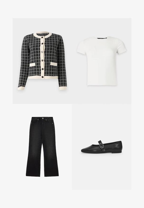 Sort-hvid mønsterstrik cardigan med rund halsudskæring, sorte knapper foran og to forlommer. Ribstrikkede manchetter og kant.; Hvid kortærmet ribstrikket t-shirt med rund halsudskæring, vist på en ensartet lys grå baggrund.; Sorte jeans med vide ben, forrest med knap- og lynlåslukning samt fem lommer, lagt fladt på en hvid baggrund.; Sorte læder flade sko med rund tå, et enkelt justerbart spænde og en glat, blank overflade. Minimalistisk design med en lav hæl.