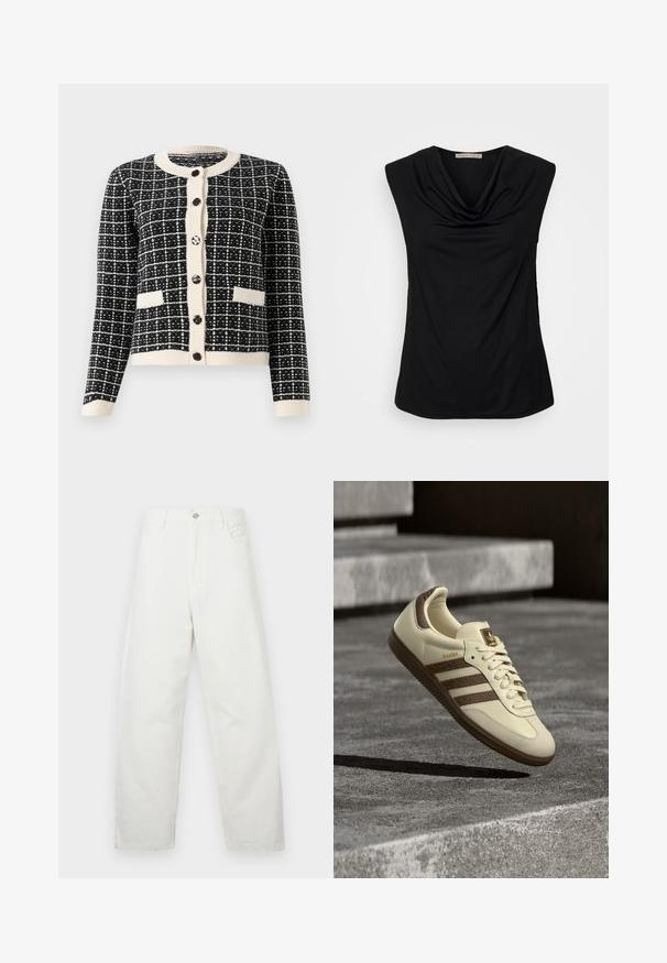 Sort-hvid mønsterstrik cardigan med rund halsudskæring, sorte knapper foran og to forlommer. Ribstrikkede manchetter og kant.; Anna Field Top - black; Hvide jeans med brede ben lavet af bomuld, med et klassisk design med fem lommer og en metalknaplukning ved livet. Glat tekstur.; Sneaker i cremefarve med brune detaljer, teksturerede sidelommer og en glat læderfinish. Har snøredesign og gummisål.