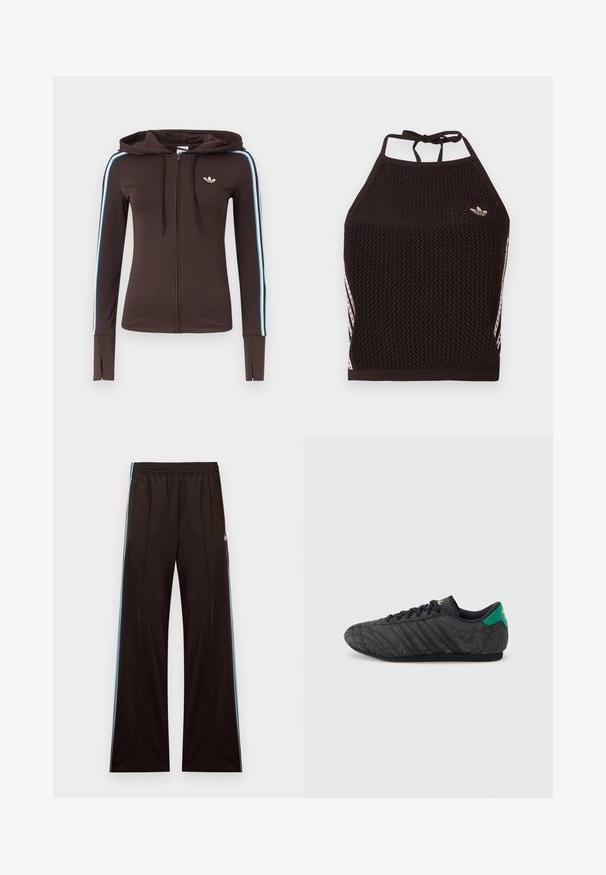 Brauner Kapuzenpullover mit durchgehendem Reißverschluss, blauen und weißen Streifen an den Ärmeln, Daumenlöchern an den Bündchen, Adidas-Logo auf der Brust und verstellbarer Kapuze mit Kordelzug.; Schwarzes Netz-Halfter-Cropped-Top mit strukturiertem Design. Mit pinkfarbenen Akzentstreifen und kleinem Logo vorne. Mit Rückenknotenverschluss.; Schwarze, weit geschnittene Trainingshose mit hellblauen Seitenstreifen, elastischem Bund, Reißverschlusstaschen und Adidas-Logo an der linken Hüfte.; Schwarzer Sneaker mit niedrigem Profil und dezentem Blumenmuster, schwarzen Schnürsenkeln, grünem Fersenband und goldenem Logo auf Zunge und Ferse.