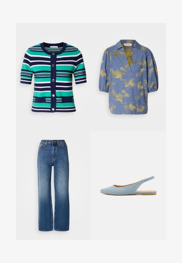 Kurzeiliges Kardigan in blauen, grünen und weißen Streifen. Verfügt über fünf Knöpfe, einen gerippten Kragen und Taschen auf der Vorderseite.; Blaue Bluse mit goldenem abstraktem Muster, Kragen und Puffärmeln. Hergestellt aus glattem Stoff mit lockerer Passform und V-Ausschnitt.; Hochtaillierte, weit geschnittene blaue Denim-Jeans mit einem Farbverlauf, kupferfarbenen Nähten, einem Frontknopfverschluss und fünf Taschen.; Helle blaue Slingback-Schuhe mit spitzem Zeh, weichem Denim-Material, flacher Sohle und kontrastierendem, tanfarbenem Innenfutter. Einfaches Design, keine sichtbaren Muster.