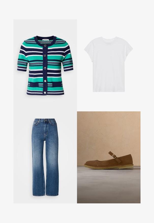 Kurzeiliges Kardigan in blauen, grünen und weißen Streifen. Verfügt über fünf Knöpfe, einen gerippten Kragen und Taschen auf der Vorderseite.; Weißes kurzärmliges T-Shirt mit Rundhalsausschnitt, lockerer Passform, aus weichem Baumwollstoff. Glatte Textur, keine Muster oder Logos.; Hochtaillierte, weit geschnittene blaue Denim-Jeans mit einem Farbverlauf, kupferfarbenen Nähten, einem Frontknopfverschluss und fünf Taschen.; Brauner Wildleder-Mary-Jane-Schuh mit Schnallenriemen, beiger Sohle, auf einem beigen Teppich neben einem Holztisch mit gestapelten Büchern platziert.