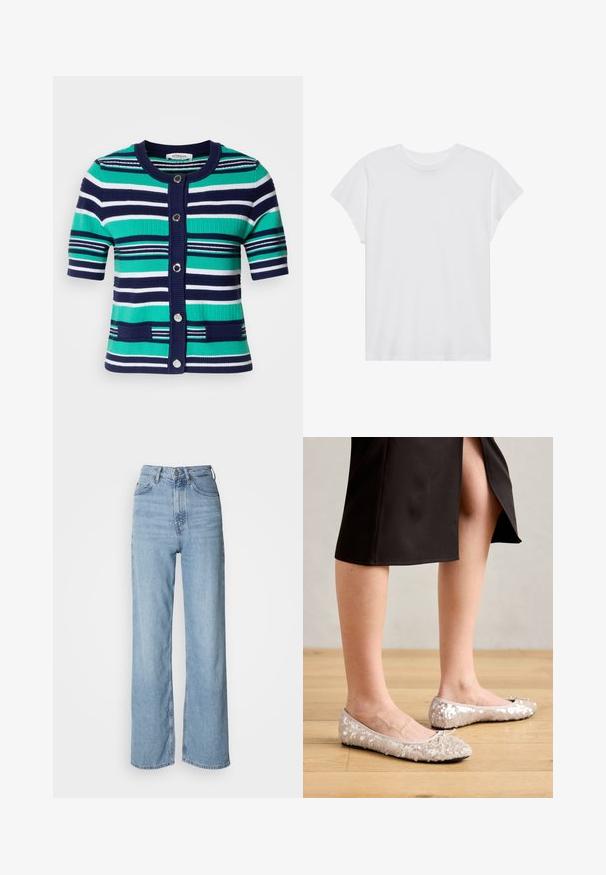Kurzeiliges Kardigan in blauen, grünen und weißen Streifen. Verfügt über fünf Knöpfe, einen gerippten Kragen und Taschen auf der Vorderseite.; Weißes kurzärmliges T-Shirt mit Rundhalsausschnitt, lockerer Passform, aus weichem Baumwollstoff. Glatte Textur, keine Muster oder Logos.; Hellblaue hochgeschnittene Jeans mit geradem Bein, aus Denim gefertigt, mit einem Frontknopfverschluss und dezenten Verblassungen.; Beige Glitzer-Ballerinas mit runder Zehenform und Schleifenakzent, kombiniert mit einem schwarzen Rock, auf einem Holzboden präsentiert.
