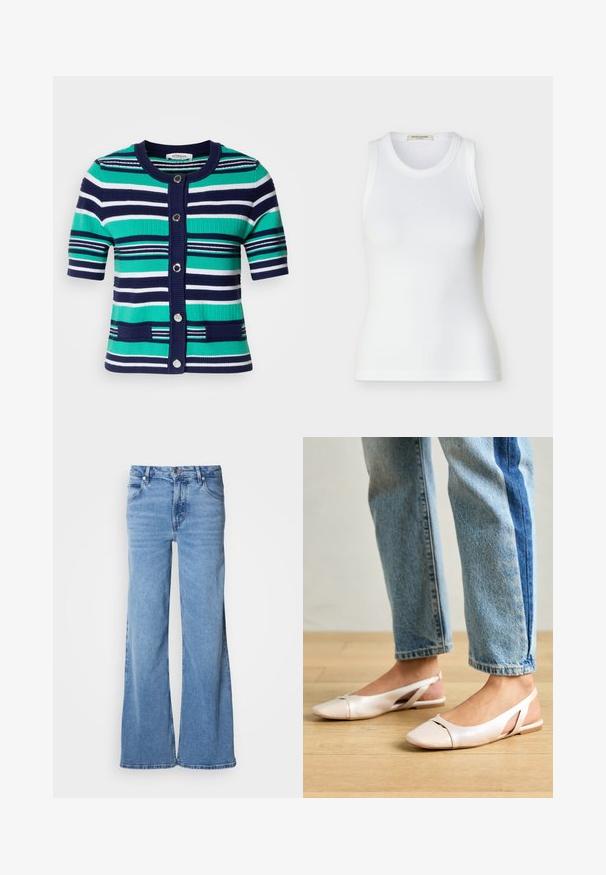 Cárdigan de manga corta a rayas en azul, verde y blanco. Presenta cinco botones, cuello acanalado y bolsillos en la parte delantera.; Camiseta sin mangas blanca con textura acanalada, escote redondo, ajuste ceñido y etiqueta de la marca Scotch & Soda en el interior del cuello.; Vaqueros de pierna ancha azul claro hechos de mezclilla. Presentan un diseño clásico de cinco bolsillos y una bragueta con botones visibles. Textura suave y acabado sin adornos.; Bailarinas de color rosa pálido con tiras traseras y punta puntiaguda, fabricadas con un material similar al cuero suave. Presentan detalles recortados en los laterales y un tacón plano.