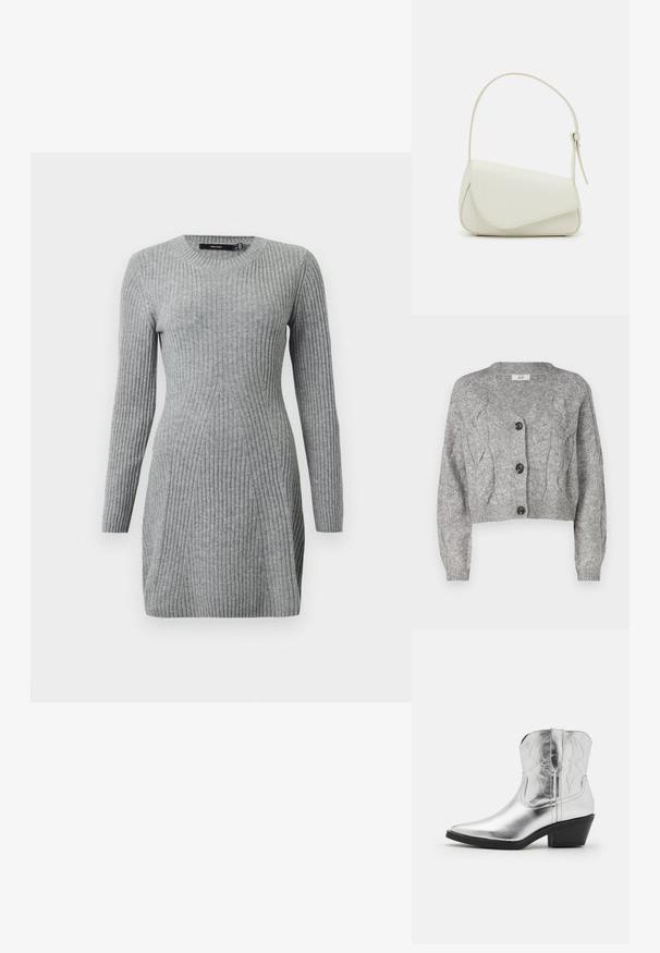 Grijze gebreide cardigan met een V-hals, voorzien van een kabelbreipatroon, lange mouwen en drie zwarte knopen aan de voorkant. Korte pasvorm.; Grijs geribbeld gebreid jurk met lange mouwen en een ronde hals. Heeft een getailleerd ontwerp en verticale lijnen voor textuur. Zachte stof.; Zilveren leren cowboylaarzen met een spitse neus, gestikte details op de schacht en een gematigde zwarte hak. Gladde en glanzende oppervlakte.; Witte nepleren handtas met een gestructureerde driehoekige vorm, een enkele verstelbare schouderriem en een klep met ronde accenten.