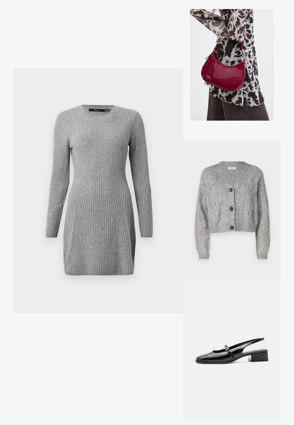 Cardigan gris tricoté avec un col en V, présentant un motif en torsades, des manches longues et trois boutons noirs sur le devant. Coupe courte.; Robe grise en tricot côtelé avec des manches longues et un col rond. Présente un design ajusté et des lignes verticales pour la texture. Tissu doux.; Chaussure slingback en cuir verni noir avec un petit talon bloc et une fine bride avec une boucle argentée sur le dessus.; Femme portant un chemisier à motif noir et blanc tenant un sac à main rouge brillant sur un fond uni.