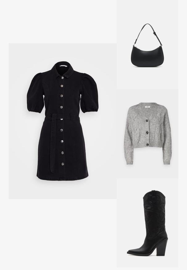 Cardigan gris tricoté avec un col en V, présentant un motif en torsades, des manches longues et trois boutons noirs sur le devant. Coupe courte.; Robe chemise en denim noir avec manches bouffantes, col rabattu, fermeture à boutons sur le devant et une ceinture assortie. Présente une texture lisse et une coupe cintrée.; Simmi London DANIQUE - Bottes à talons hauts - black; Pieces PCALUANA SHOULDER BAG - Sac à main - black