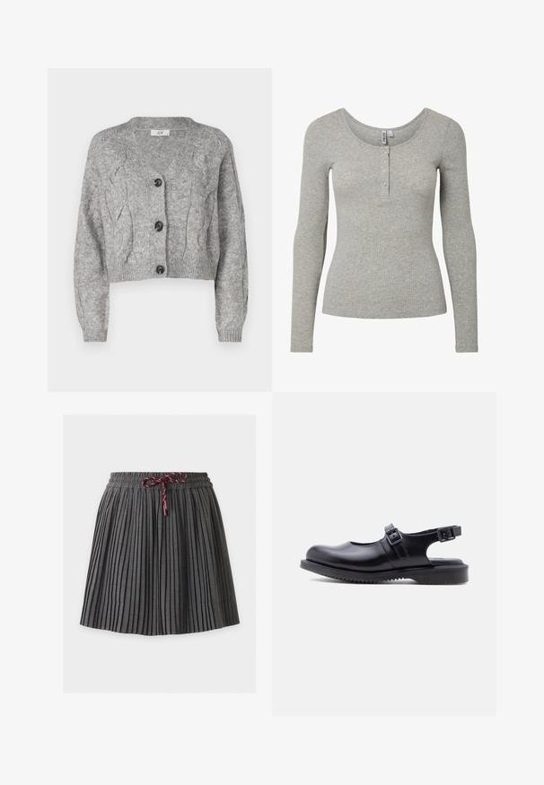 Grijze gebreide cardigan met een V-hals, voorzien van een kabelbreipatroon, lange mouwen en drie zwarte knopen aan de voorkant. Korte pasvorm.; Lichtgrijs geribd shirt met lange mouwen, ronde halslijn en een knoopsluiting met vier knopen, aansluitende pasvorm en zachte gebreide stof.; Donkergrijze geplooide rok met een elastische tailleband en een gebonden bordeaux koord aan de voorkant in het midden.; Zwart leren Mary Jane-schoen met twee verstelbare gespsluitingen en een dikke, gegroefde rubberen zool.
