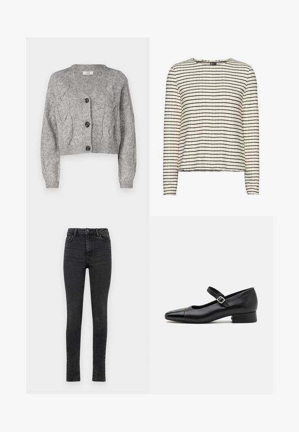Cardigan gris tricoté avec un col en V, présentant un motif en torsades, des manches longues et trois boutons noirs sur le devant. Coupe courte.; T-shirt à manches longues en tissu texturé crème avec de fines rayures horizontales noires, présentant un col rond et un ourlet droit.; Jean skinny noir avec taille haute, design à cinq poches, texture en denim lisse et finition délavée. Doté d'une fermeture à glissière et d'un bouton.; Chaussures Mary Jane en cuir noir avec un embout en vernis, une sangle cheville réglable et un petit talon carré. Texture lisse et design élégant.