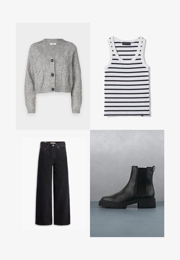 Grijze gebreide cardigan met een V-hals, voorzien van een kabelbreipatroon, lange mouwen en drie zwarte knopen aan de voorkant. Korte pasvorm.; Witte mouwloze geribbelde tanktop met horizontale zwarte strepen en een klein zwart label vlak bij de zoom met een geel "P"-logo.; Zwarte brede jeans gemaakt van denim, met vijf zakken, koperen klinknagels en een klassieke knoopsluiting. Glad van textuur met een strakke uitstraling.; Zwarte leren Chelsea-boot met elastische zijpanelen, gestructureerde afwerking en een robuuste zool, gepositioneerd boven bruine houten tegels met steentjes.