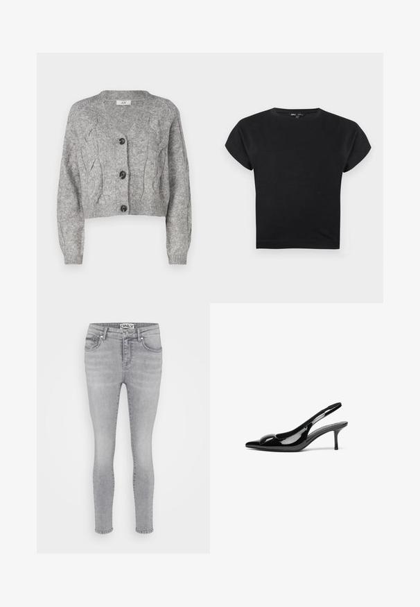 Grå strikket cardigan med V-hals, prydet med en kabelstrik mønster, lange ærmer og tre sorte knapper foran. Kortet pasform.; Sort kortærmet crop top med rund halsudskæring, let udvidede skuldre og tætsiddende pasform på hvid baggrund.; Lysegrå skinny jeans lavet af denim med standard fem-lommer-design, bæltestropper og lukning med knappgylp.; Sorte laklæder slingback hæle med spidse tæer og en blank finish. Har en slank hæl og en rund detalje ved vampen.