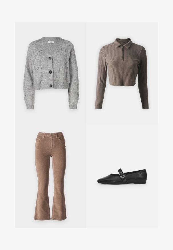 Cárdigan gris de punto con escote en V, que presenta un patrón de punto trenzado, mangas largas y tres botones negros en la parte delantera. Corte cropped.; ONLY Petite ONLNELLA HALF ZIP - Camiseta de manga larga - carafe; Pantalones de pana marrones acampanados con una textura estriada, que presentan una cintura alta, cinco bolsillos y un cierre de botón en la parte delantera.; Zapato plano de cuero negro con punta redondeada, una sola correa ajustable con hebilla y una textura suave y brillante. Diseño minimalista con un tacón bajo.